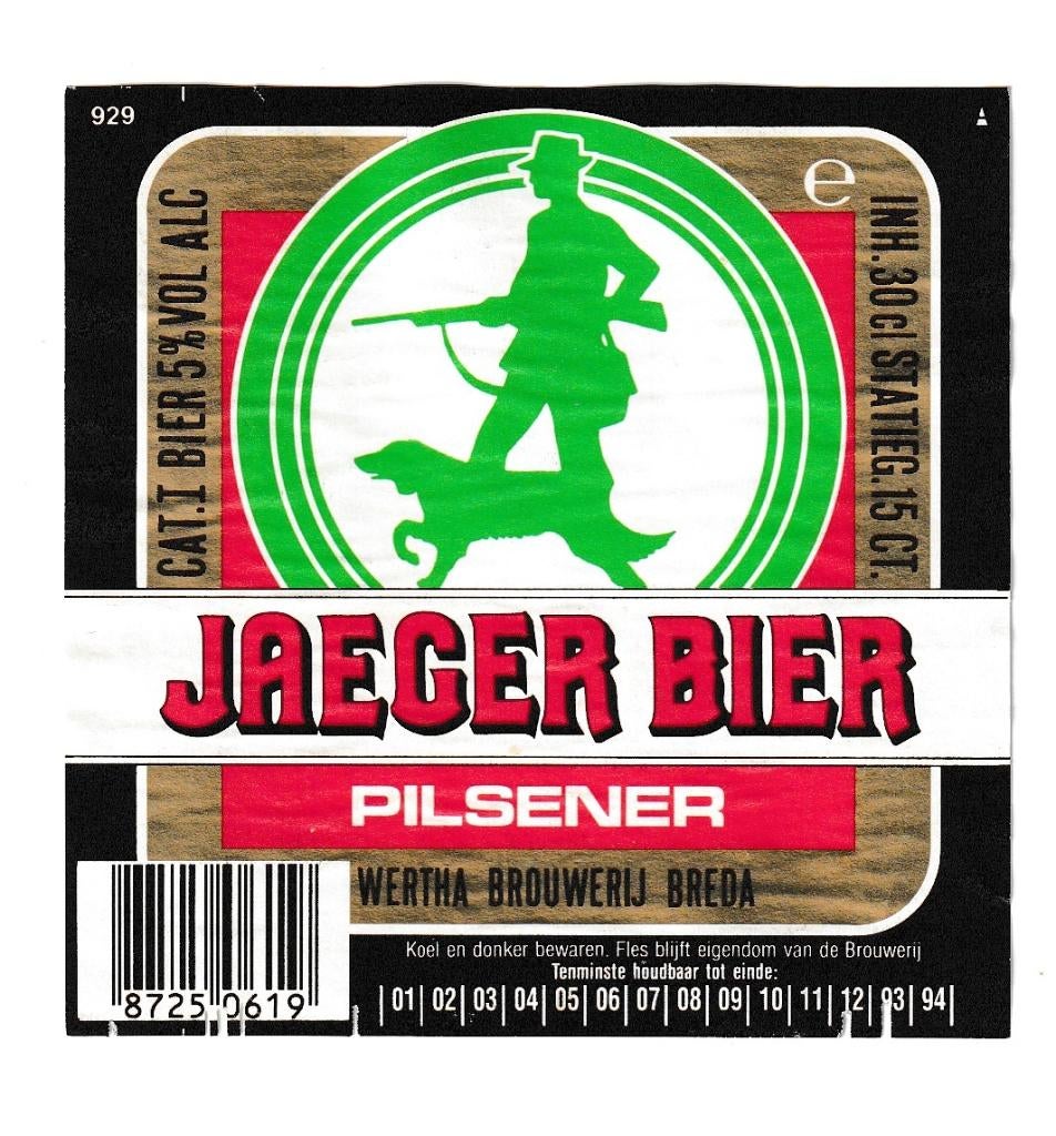 Bieretiket Jaeger Bier - Wertha Brouwerij Breda (no 929 ), Verzamelen, Ophalen of Verzenden, Zo goed als nieuw, Overige typen