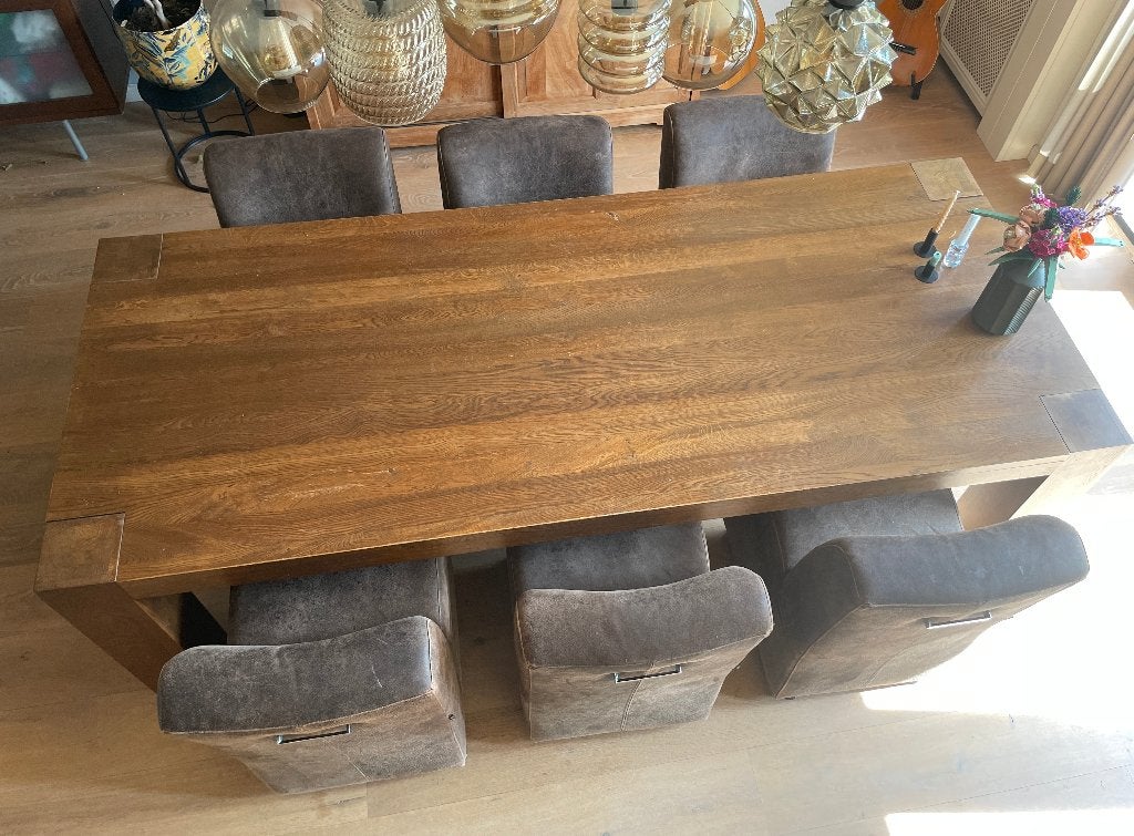 Eiken eettafel 240 x 100 + 6 leren stoelen (Goosens Quint), Ophalen, Gebruikt, Eikenhout, 200 cm of meer