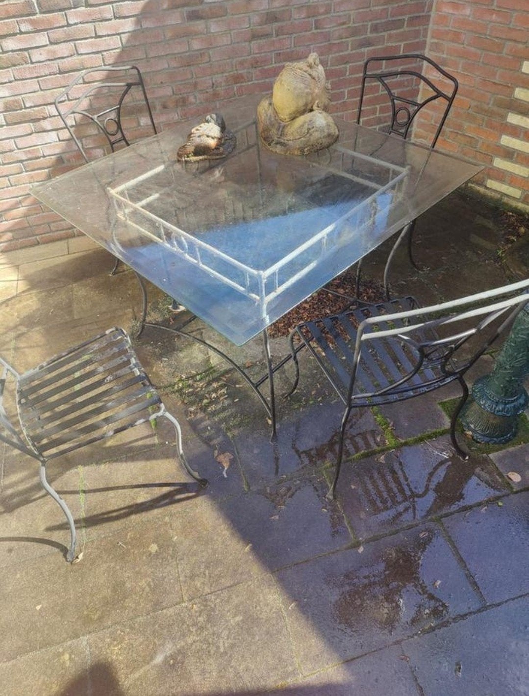 Glazen tafel met gietijzeren onderstel en 4 stoelen, Ophalen, Gebruikt, Vierkant, Metaal