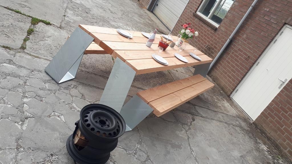 Industriële metal design Douglas picknick bank steigerhout, Tuin en Terras, Picknicktafels, Ophalen of Verzenden