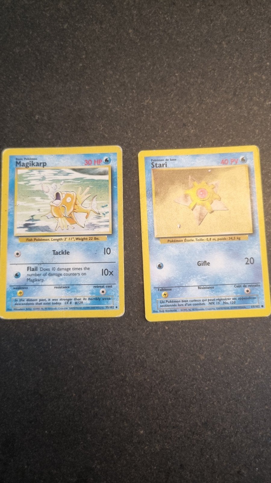 Pokémon kaarten: Magikarp en Stari (Engels & Frans), Ophalen of Verzenden, Gebruikt, Meerdere kaarten