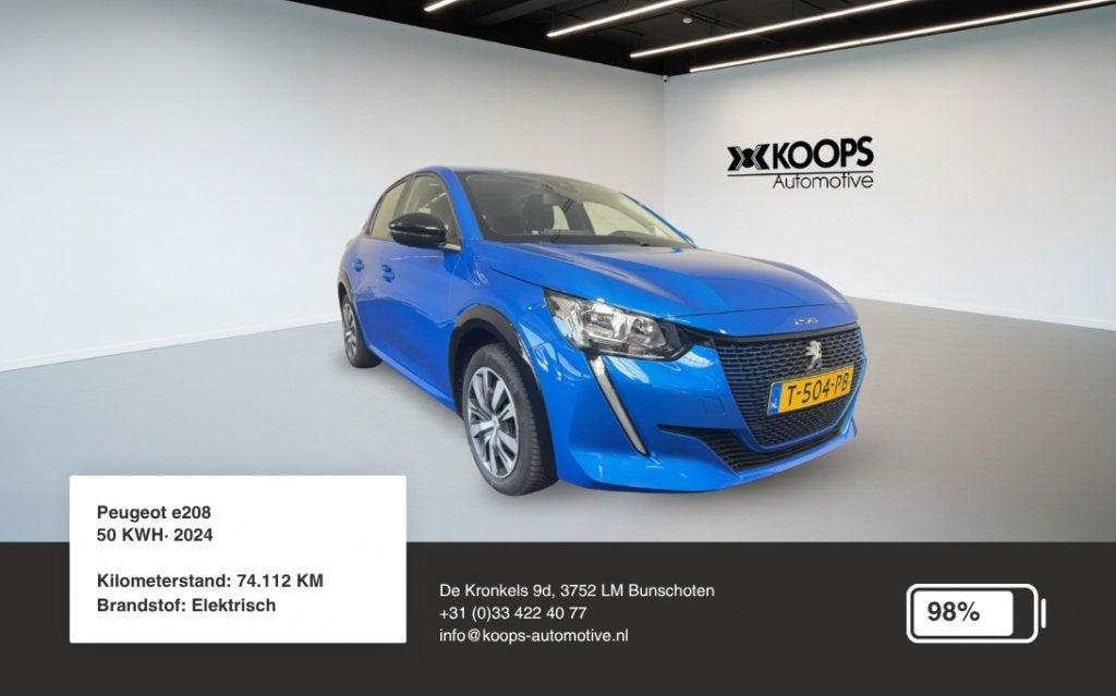 Peugeot e-208 50 kWh SOH 98% | Car play | cruise control | a, Auto's, Gebruikt, Zwart, Met garantie (alle), Blauw