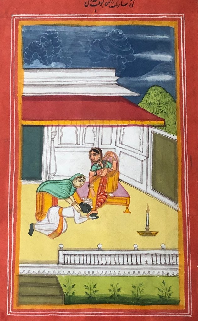 Indiase miniatuurschildering in lijst 2, Schilderij, Ophalen of Verzenden, Papier/karton, India