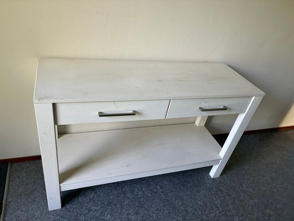 Jan des Bouvrie sidetable wit grenen, Huis en Inrichting, 100 tot 150 cm, Ophalen of Verzenden, Zo goed als nieuw, 25 tot 50 cm