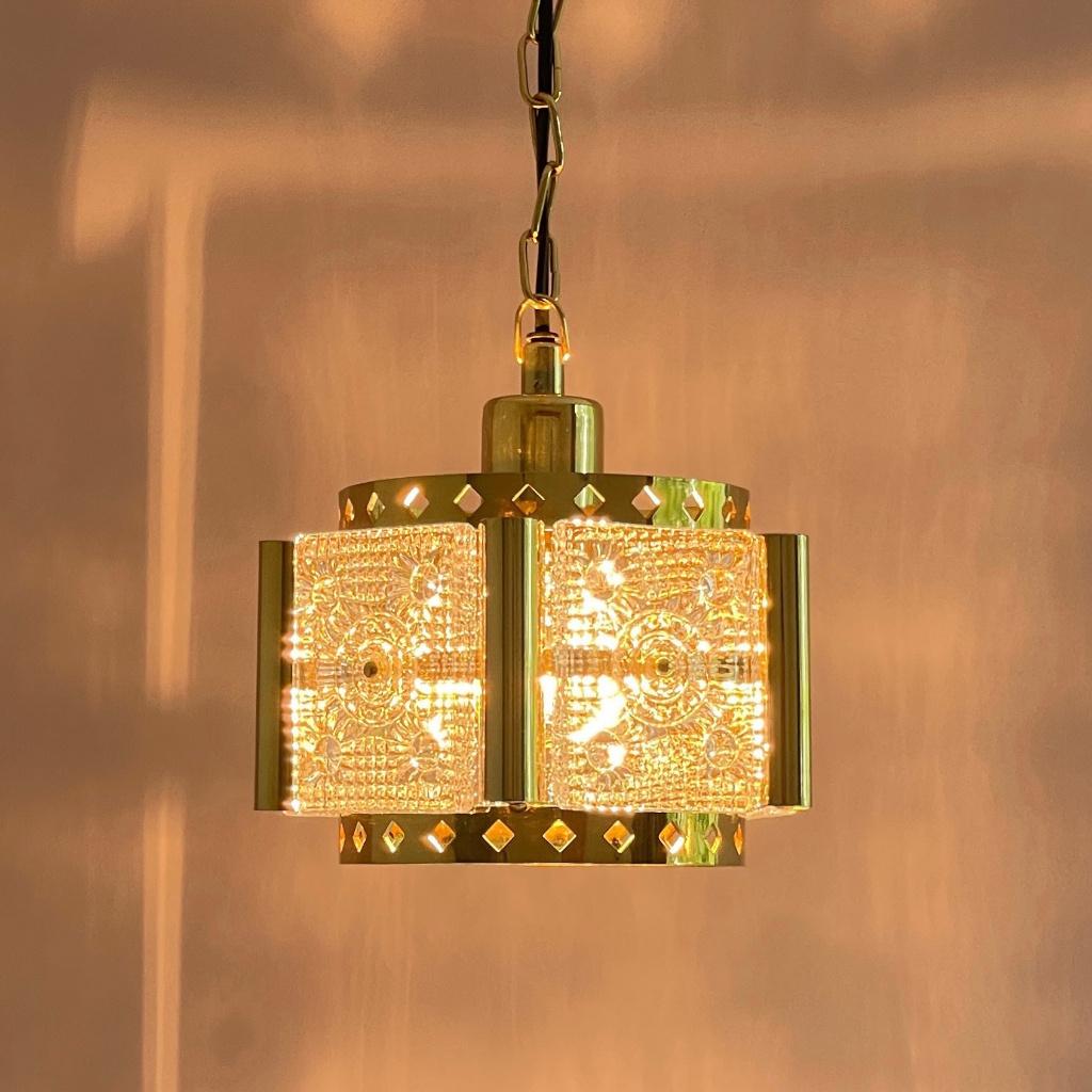 Mid Century Vitrika glass pendant vintage LAMP messing glas, Gebruikt, Vintage Mid Century Scandinavisch Deens design Hollywood Regency