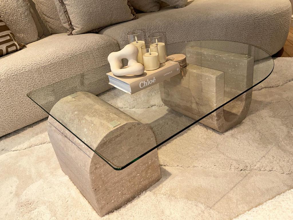 Travertin Salontafel met Glasplaat | 110 x 80, Ophalen, 100 tot 150 cm, 50 tot 100 cm, Rechthoekig
