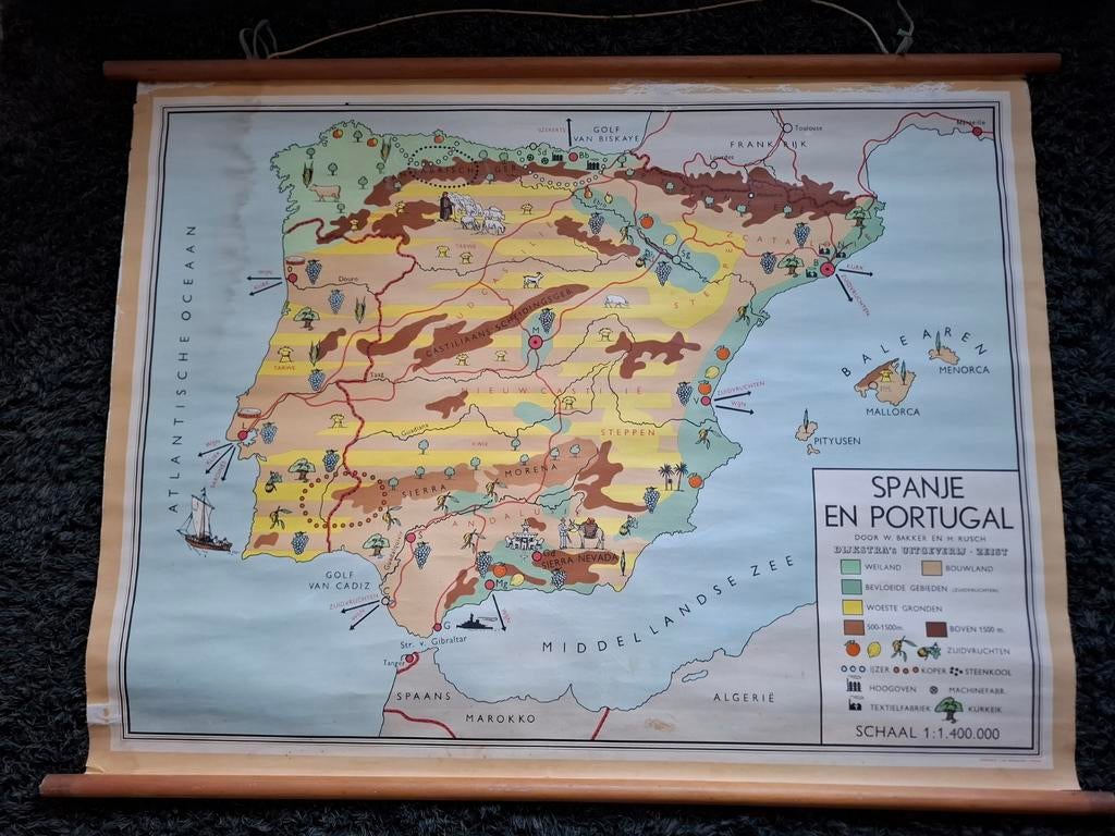 Oude schoolkaart Spanje en Portugal W Bakker en H Rusch, Antiek en Kunst, Ophalen, Aardrijkskunde