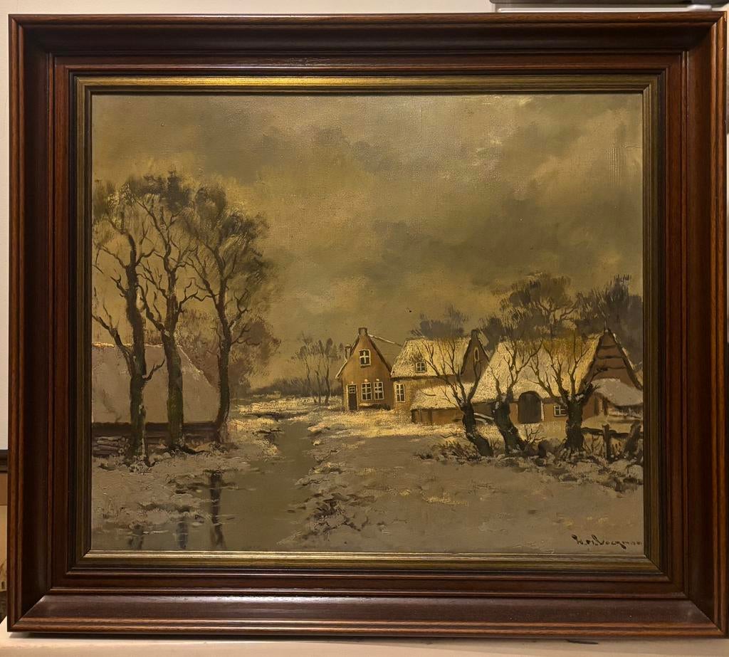 Klassiek Hollands Wintergezicht (Olieverf) - H.M. Voerman, Ophalen of Verzenden