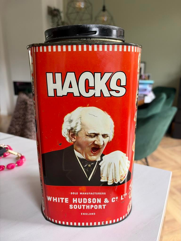 Vintage Hacks snoepblik uit Engeland, Verzamelen, Blikken, Ophalen of Verzenden, Gebruikt, Koek(jes), Overige merken