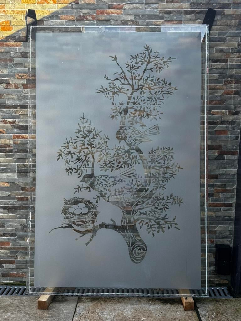 Raam glasplaat bewerkt gegraveerd, Doe-het-zelf en Verbouw, Glas en Ramen, Gevelraam of Ruit, Gebruikt, 80 tot 120 cm, 120 tot 160 cm