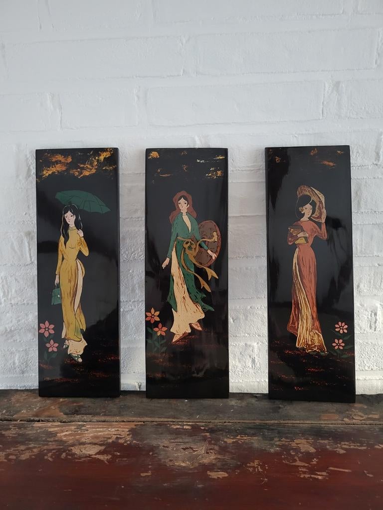 Vintage lakschilderij drieluik, Ophalen of Verzenden