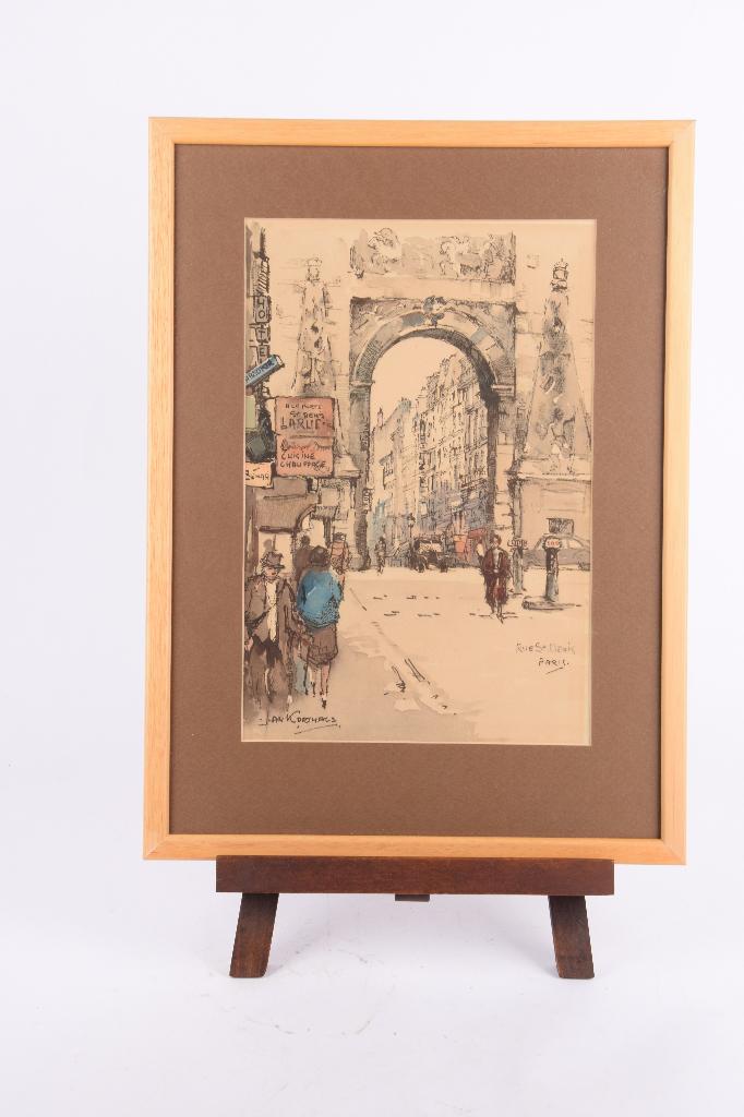 Jan Korthals (1916-1972) – “rue de st Denis, Paris”, Antiek en Kunst, Kunst | Tekeningen en Foto's, Ophalen of Verzenden