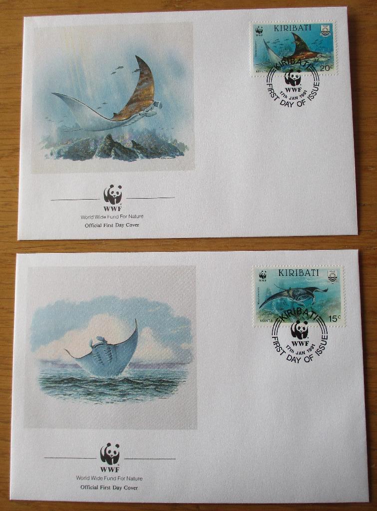 Kiribati, WWF serie FDC's Walvishaai en reuzenrog, 1991, Verzenden, Gestempeld, Dier of Natuur