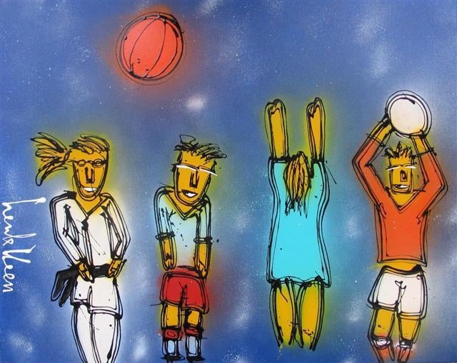 Schilderij Henk Veen - Tram basketbal judo voetbal ballon, Antiek en Kunst, Ophalen