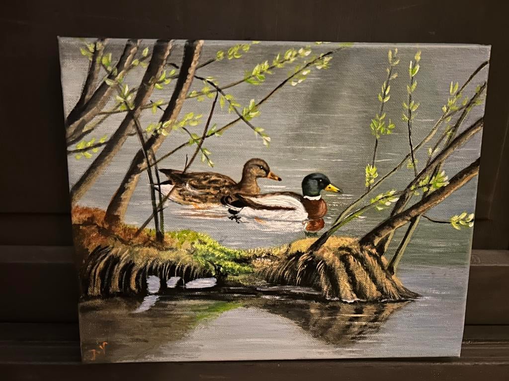Schilderij landschap met eenden., Ophalen of Verzenden
