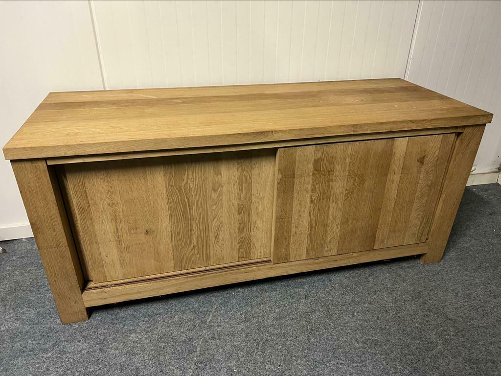 Massief eiken tv meubel nr. 4 126x48x55, Ophalen of Verzenden, Zo goed als nieuw