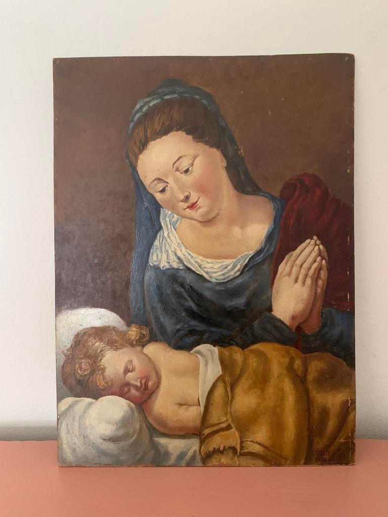 Oud Schilderij van Maria met slapend kindje Jezus, Ophalen of Verzenden