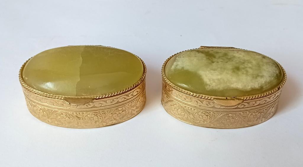 2 vintage pillendoosjes groene ionyx en metal, Ophalen of Verzenden