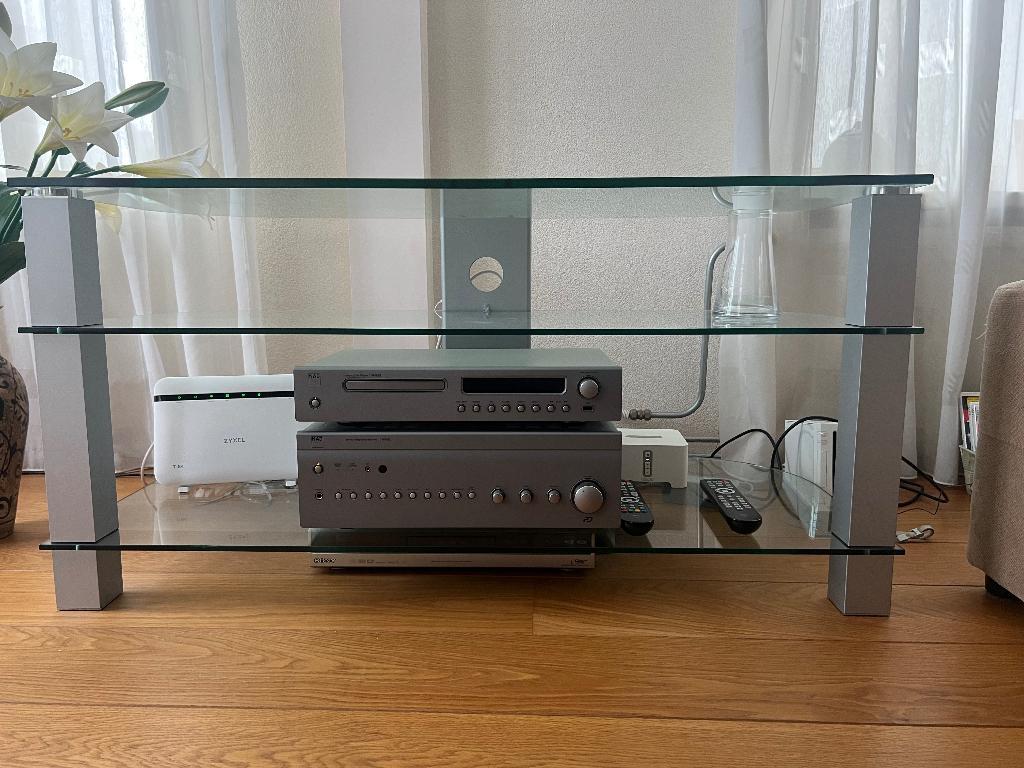Design TV meubel van glas met aluminium, Ophalen, 100 tot 150 cm, Minder dan 100 cm, Modern