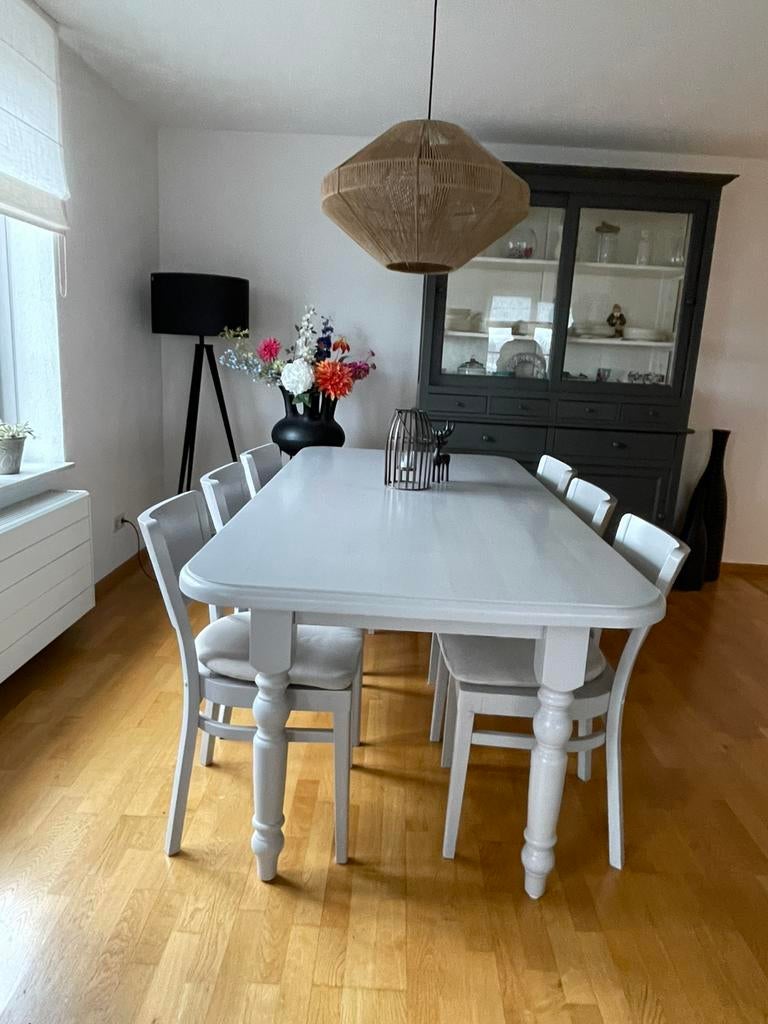 Eettafel en 6 stoelen - grijs gelakt (Kabinet), Huis en Inrichting, Ophalen, Gebruikt, 50 tot 100 cm, Vijf personen of meer