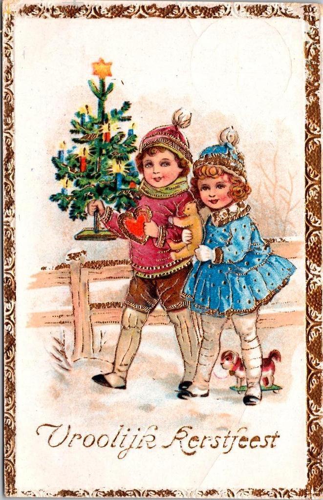 Vrolijk Kerstfeest - Antieke kerstkaart kinderen (1939), Ophalen of Verzenden, 1920 tot 1940, Gelopen, Kinderen