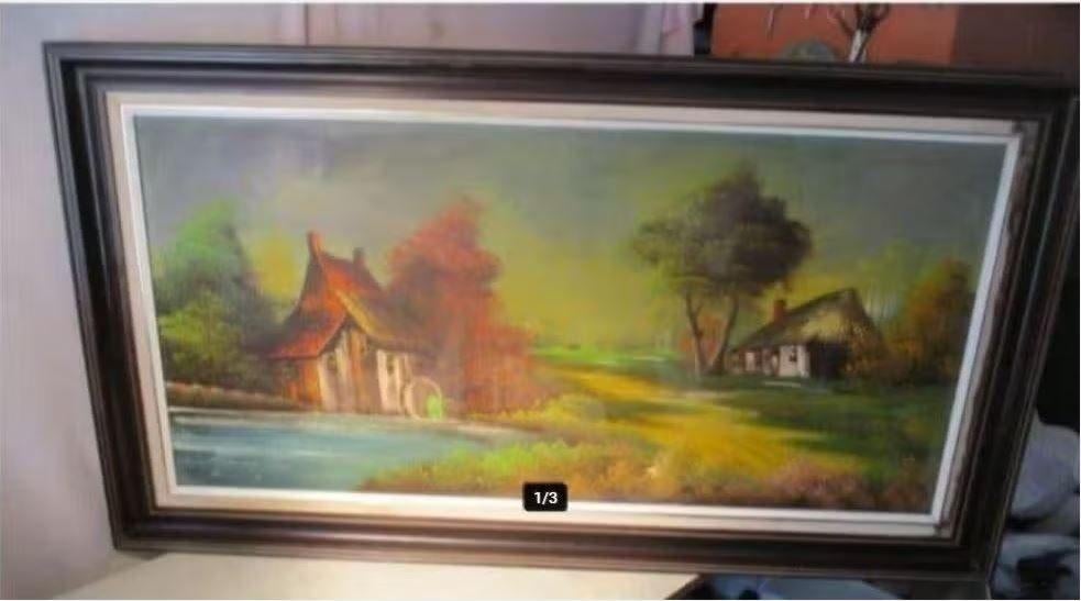 Mooi Geschilderd Werk 'Hoeve met watermolen' - 115x65, Antiek en Kunst, Kunst | Schilderijen | Klassiek, Ophalen of Verzenden