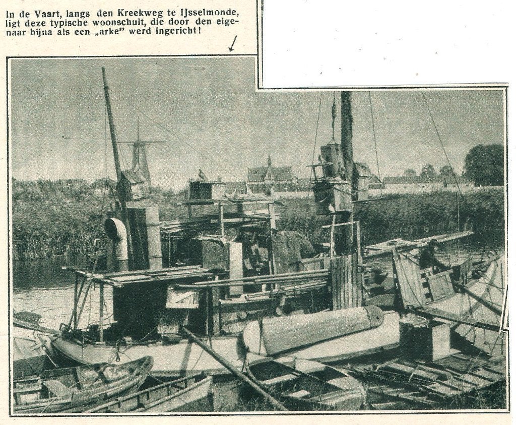 IJsselmonde woonschip molen knipsel 1932, Gebruikt, Ophalen of Verzenden, Gebouw, Voor 1940