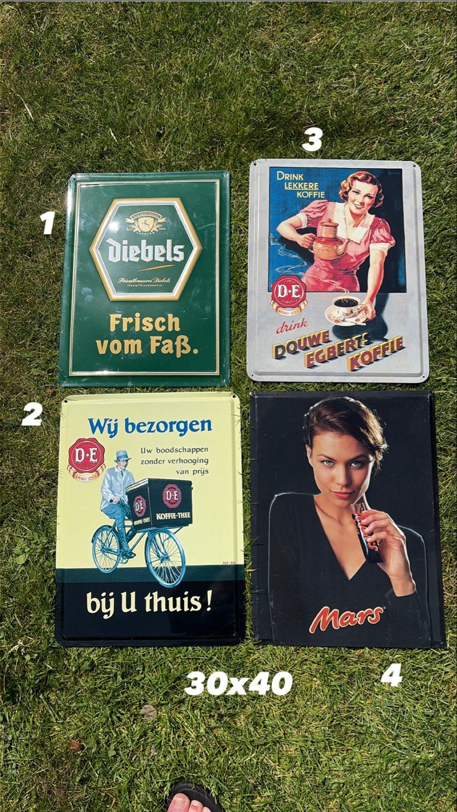 Vintage Reclameborden: Diebels, Douwe Egberts, Mars (30x40), Verzamelen, Merken en Reclamevoorwerpen, Ophalen, Gebruikt, Reclamebord