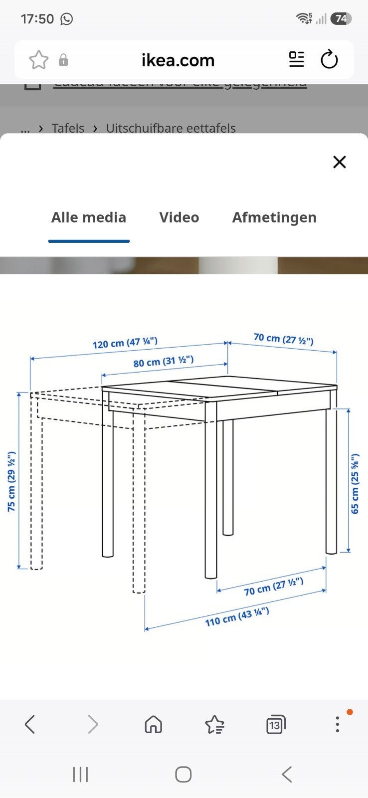 IKEA Tonstad uitschuiftafel 80x70 (uittrekbaar tot 120x70), Huis en Inrichting, Ophalen, Gebruikt, 100 tot 150 cm, 50 tot 100 cm