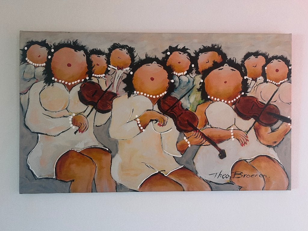Vrolijk schilderij van vioolspelende dames - Theo Broeren, Ophalen, Figuren, Print, Overige materialen