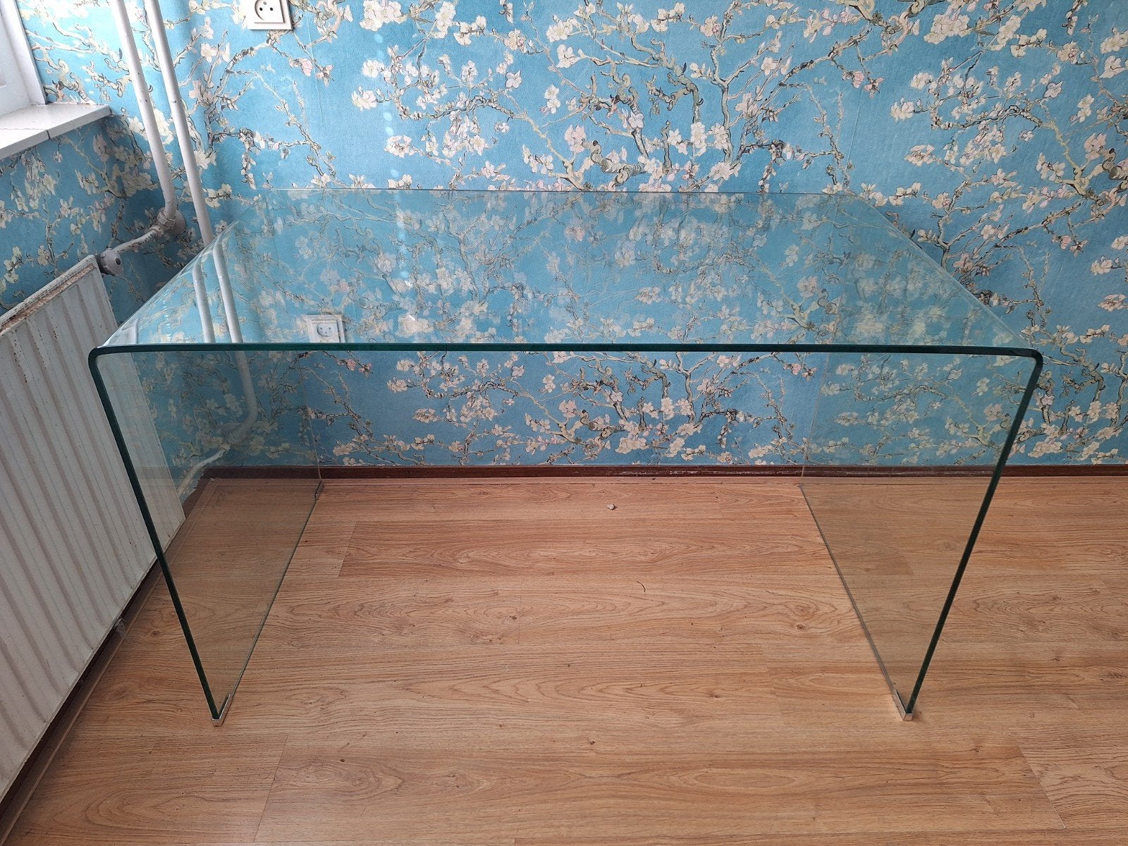 Gebogen glazen side table bureau glas vintage design, Ophalen, Gebruikt, 100 tot 150 cm, Vintage