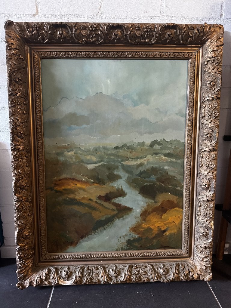 schilderij met oude lijst, Antiek en Kunst, Kunst | Schilderijen | Klassiek, Ophalen, Ingelijst, Landschap