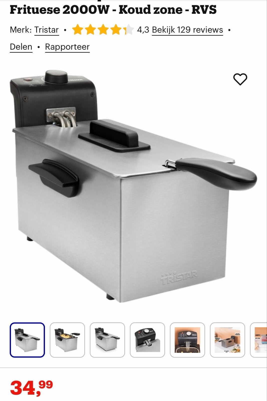Tristar Frituurpan 2000W - Koudzone - RVS - Gloednieuw, 3 tot 4 liter, Ophalen, Nieuw, Uitneembare binnenpan