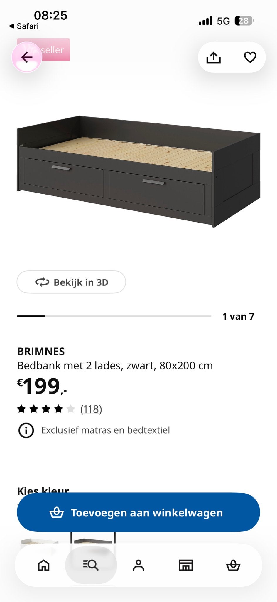 BRIMNES Bedbank met 2 lades, zwart, 80x200 cm, Eenpersoons, Zwart, Ophalen of Verzenden, Zo goed als nieuw