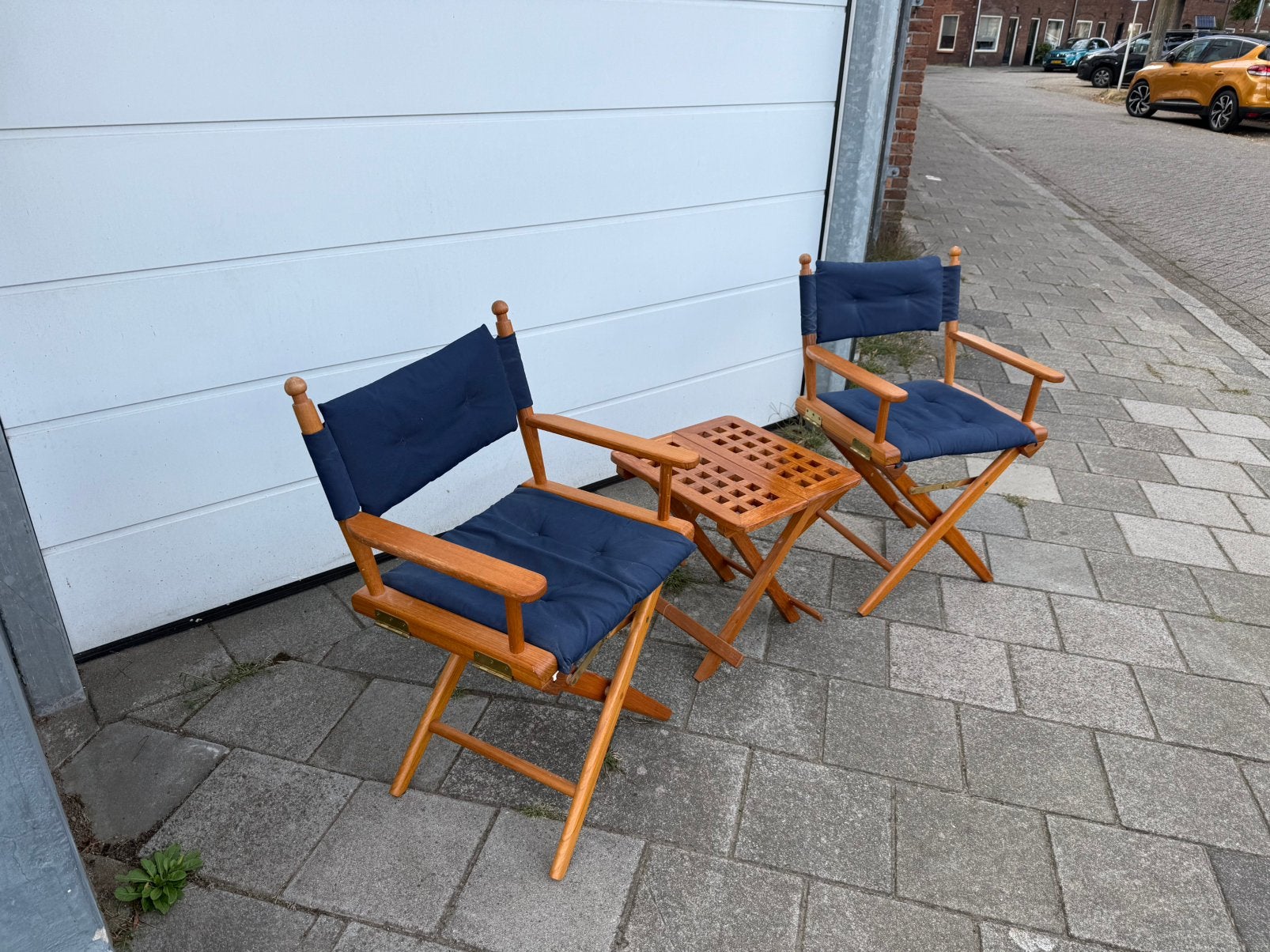 Massief Teakhouten regisseurs stoelen + bijzet tafel, Ophalen of Verzenden, Zo goed als nieuw, Overige typen, Motorboot