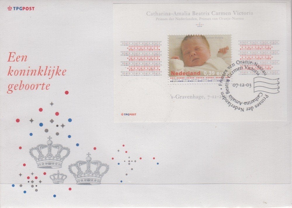Nederland cover met blokje Amalia 2004 en Geboortepenning, Postzegels en Munten, Ophalen of Verzenden, Overige materialen, Nederland