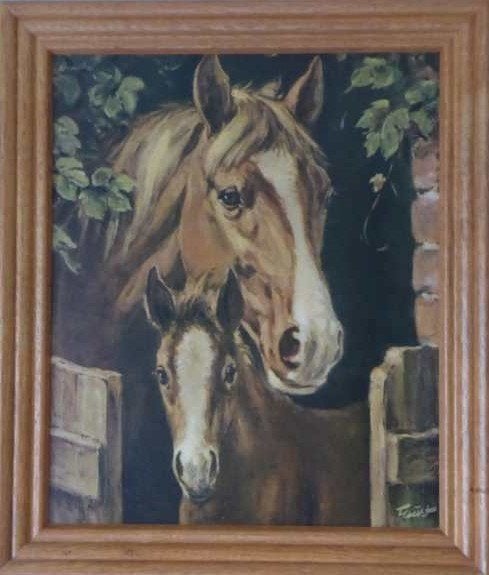Schilderij Merrie met Veulen (Schilderij H. Faust) Z.g.a.n., Antiek en Kunst, Ophalen of Verzenden
