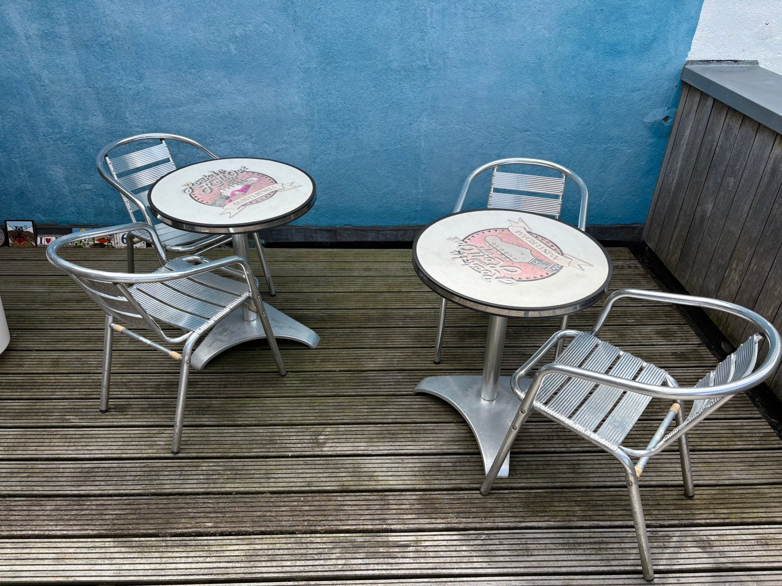 2 unieke horeca terras tafels en 4 terras stoelen, Tuin en Terras, Tuintafels, Ophalen, Gebruikt, Ovaal, Metaal