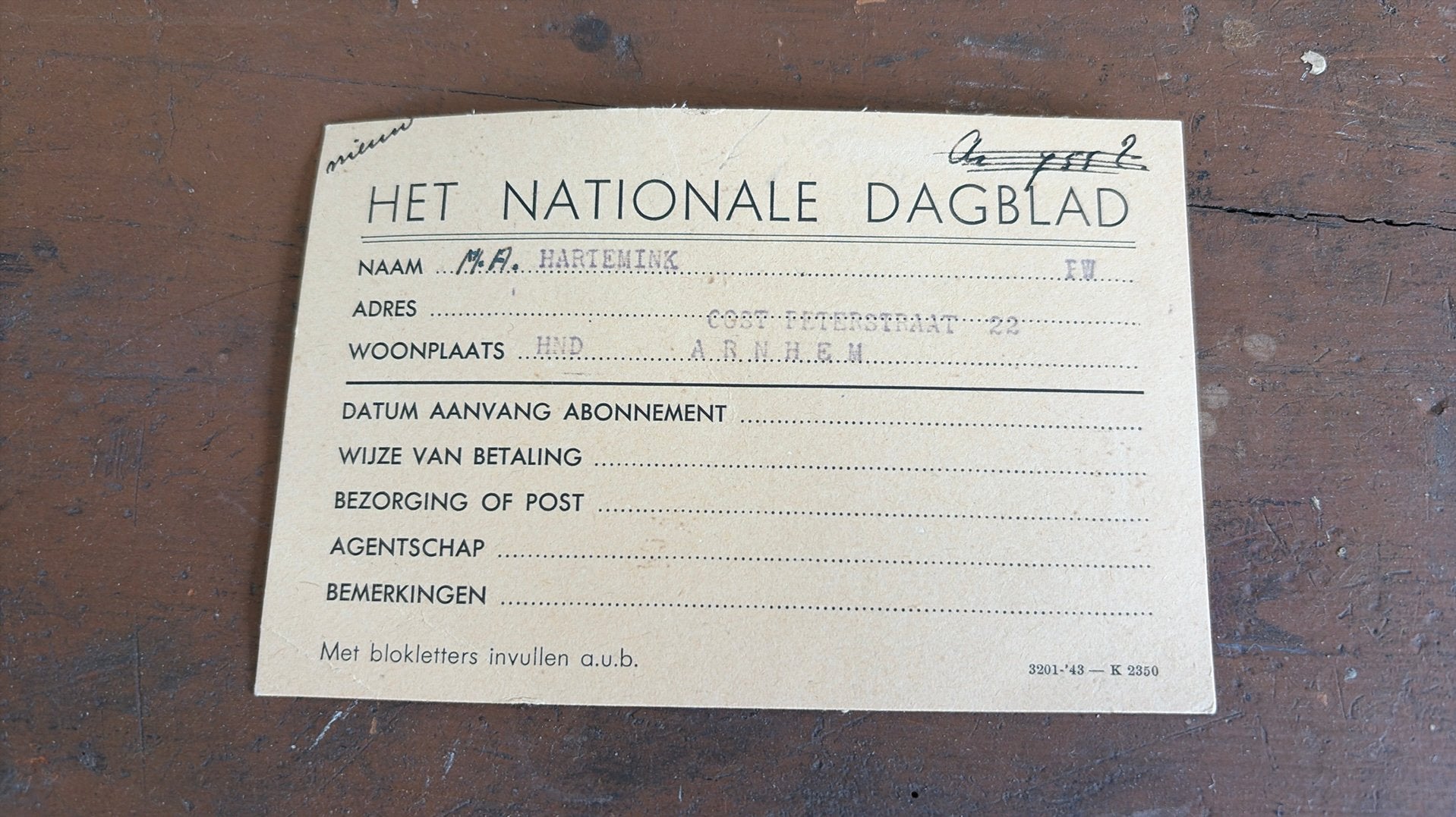 Nationale dagblad nsb formulier, Verzamelen, Ophalen of Verzenden, Nederland