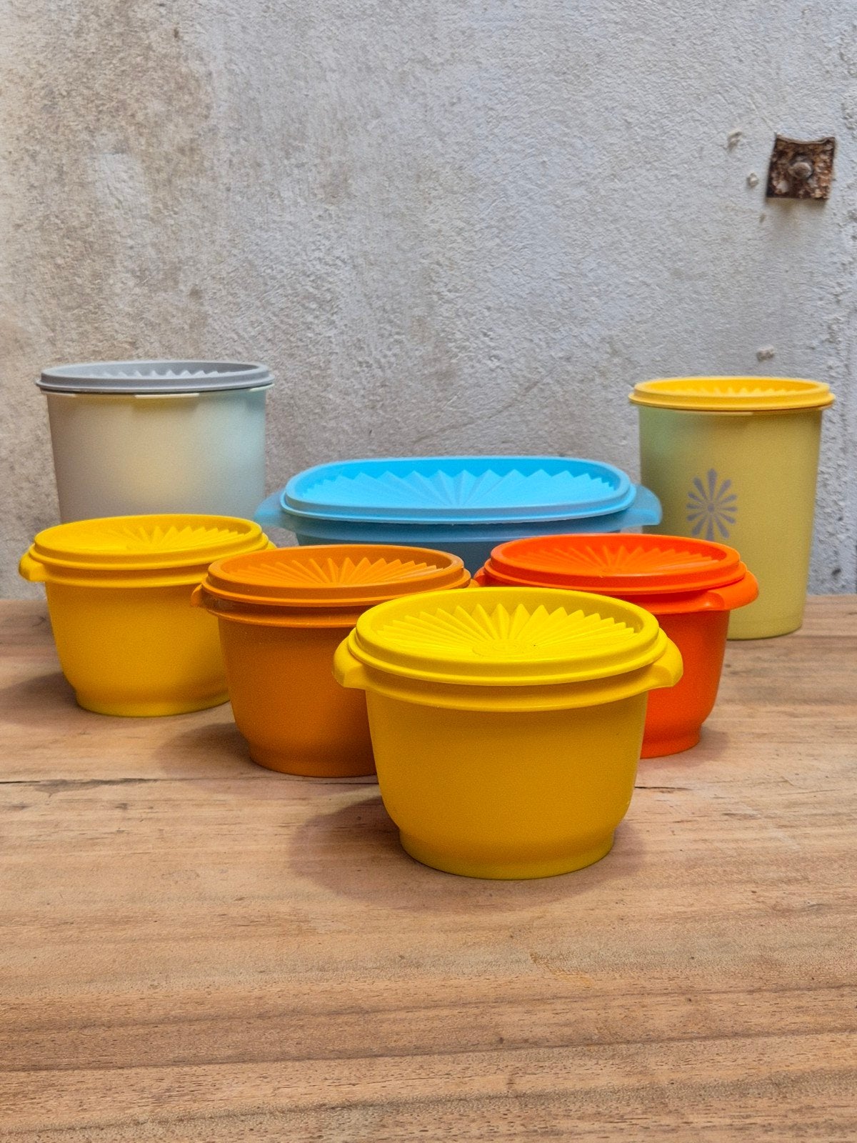 Vintage Tupperware set 70s met Zonnedeksel., Gebruikt, Tupperware, Overige kleuren, Luchtdicht