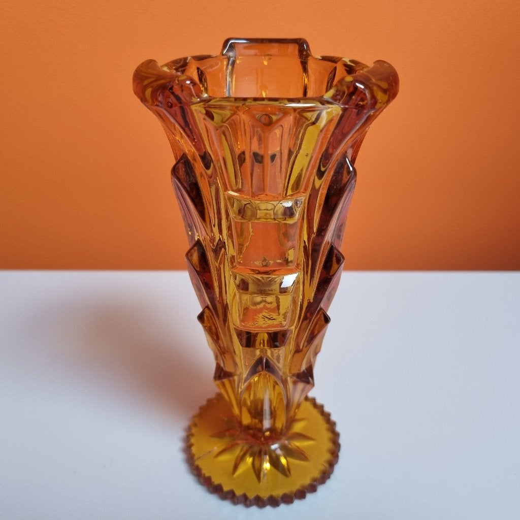vintage art deco persglas amberkleurig vaasje, Ophalen of Verzenden