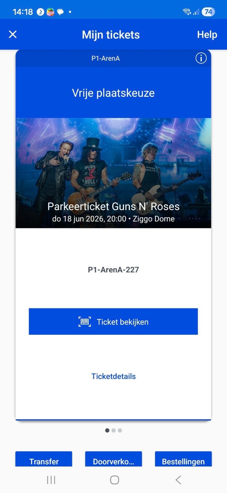 Parkeerticket 18 juni Amsterdam Arena, Eén persoon, Juni