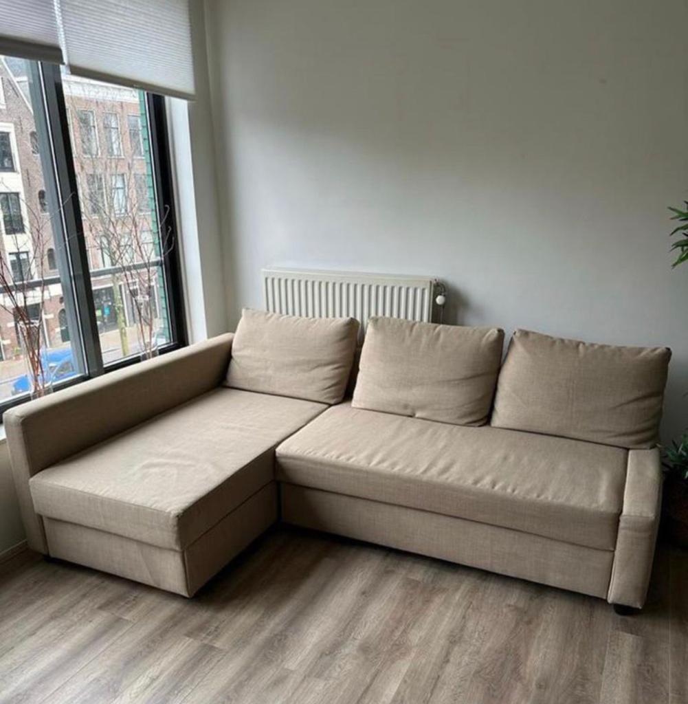 IKEA Friheten beige hoekbank slaapbank met opberger IZGS, Ophalen, Beige, Tweepersoons, 140 cm