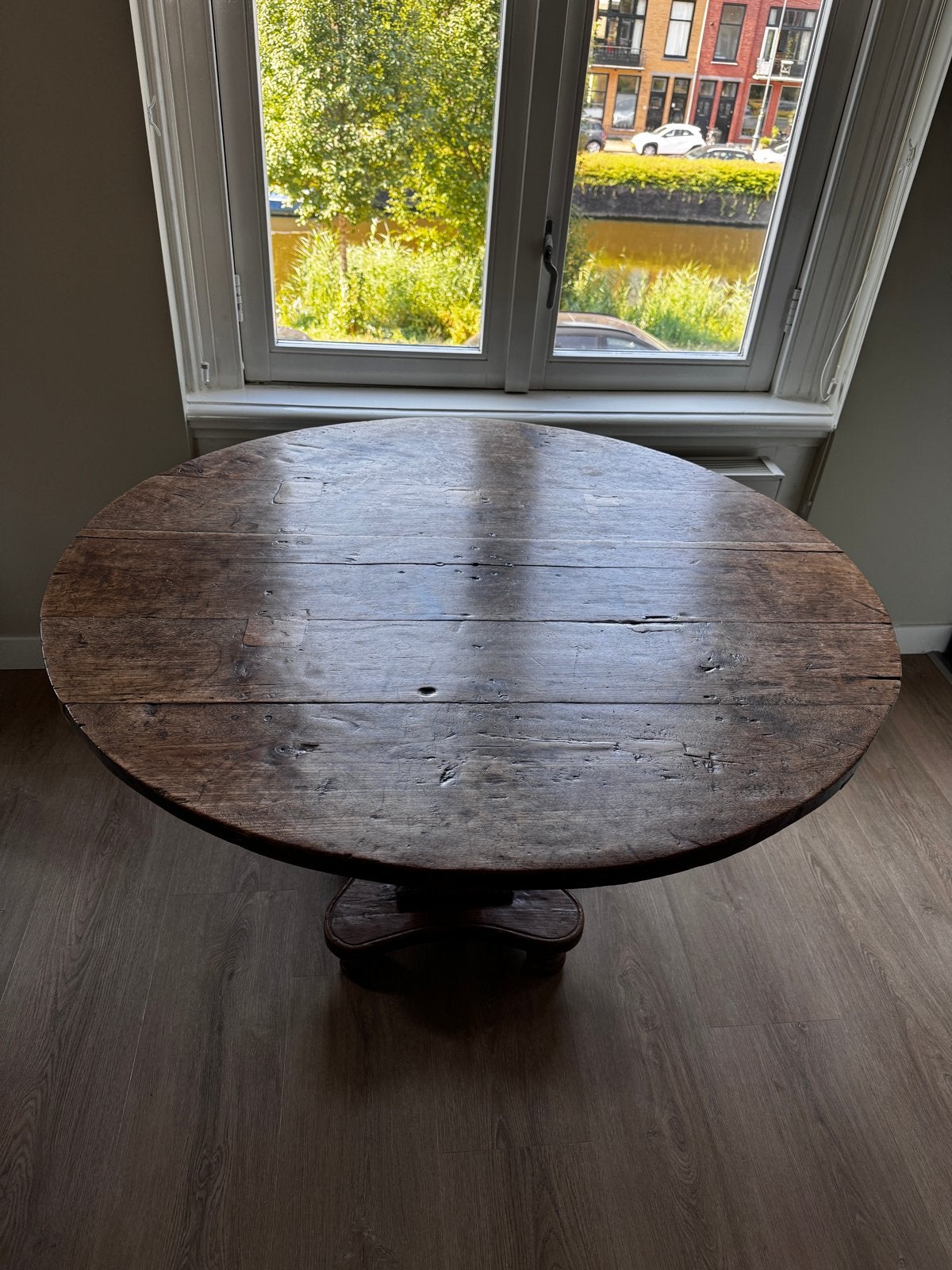 Antieke ronde eiken boeren-/herbergtafel ca. 1830-1860, Ophalen