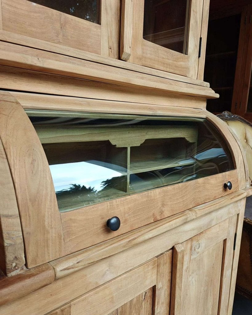 Apothekerskast gemaakt van teakhout | Rond glas #9488, Huis en Inrichting, Kasten | Buffetkasten, Gebruikt, Met deur(en), -, 200 cm of meer
