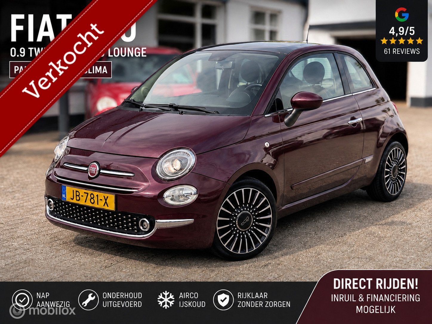 Fiat 500 TwinAir Lounge/Pano/Clima/Bluetooth/NAP, Voorwielaandrijving, Gebruikt, 905 kg, Origineel Nederlands