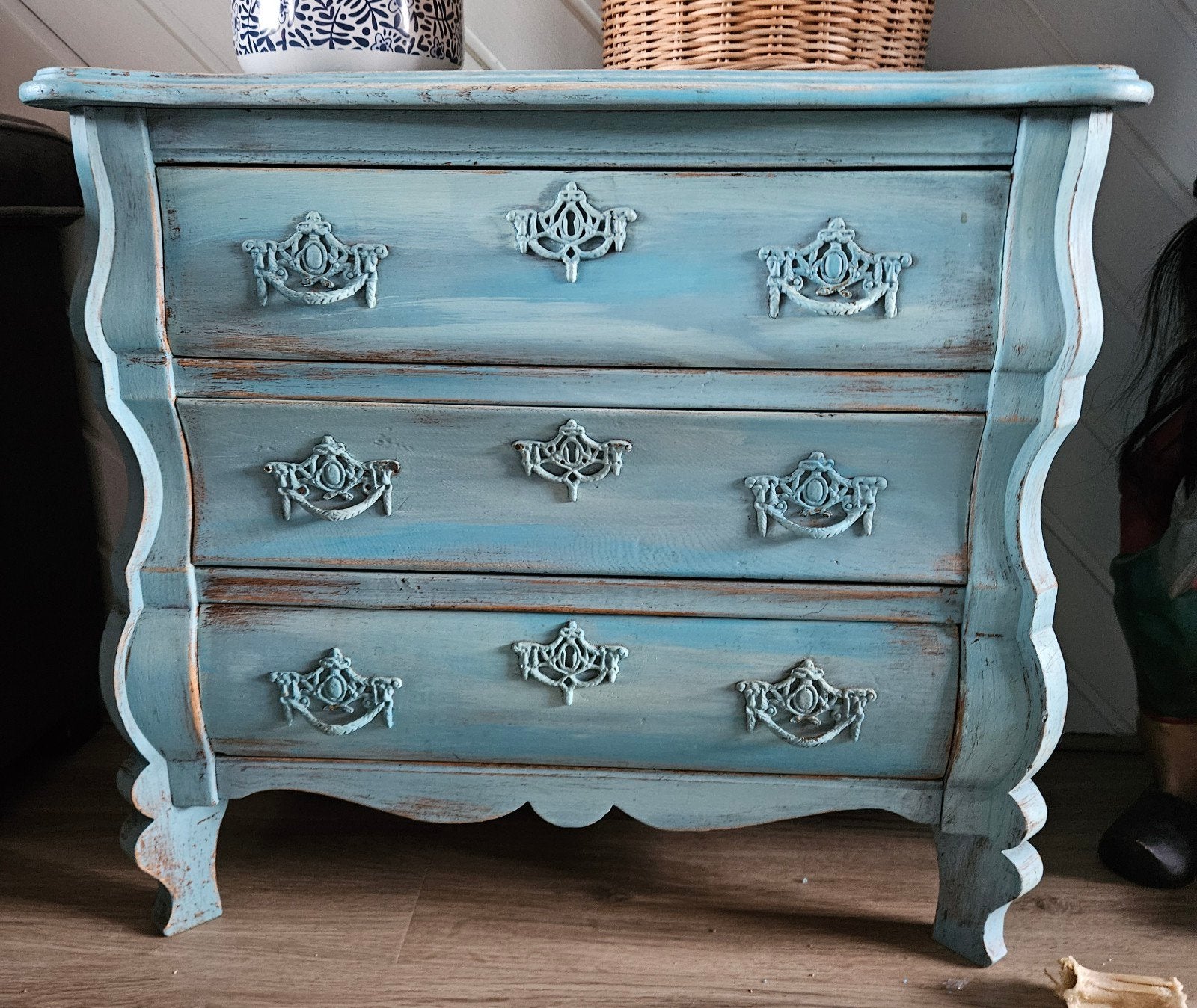Vintage blauwe commode met 3 lades - Brocante stijl, Ophalen