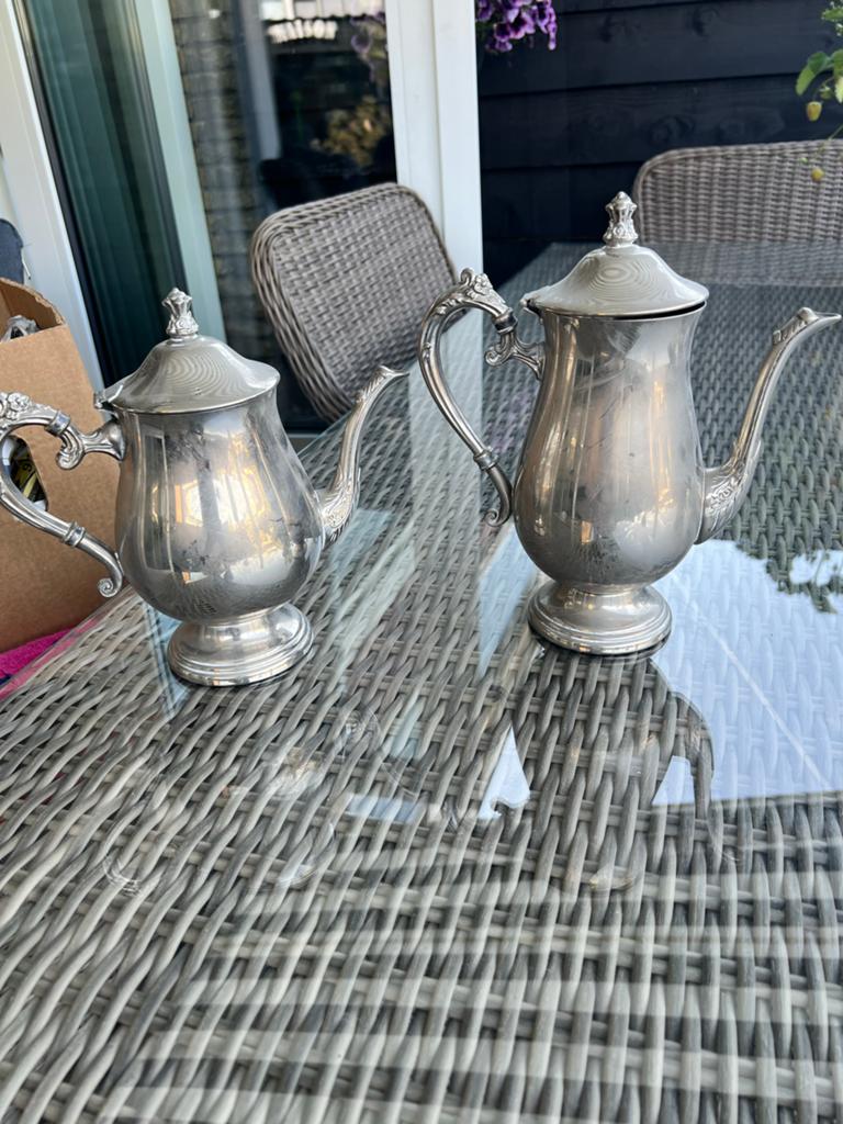 Antieke zilverkleurige theepotten set. Verzilverd., Ophalen, Zilver