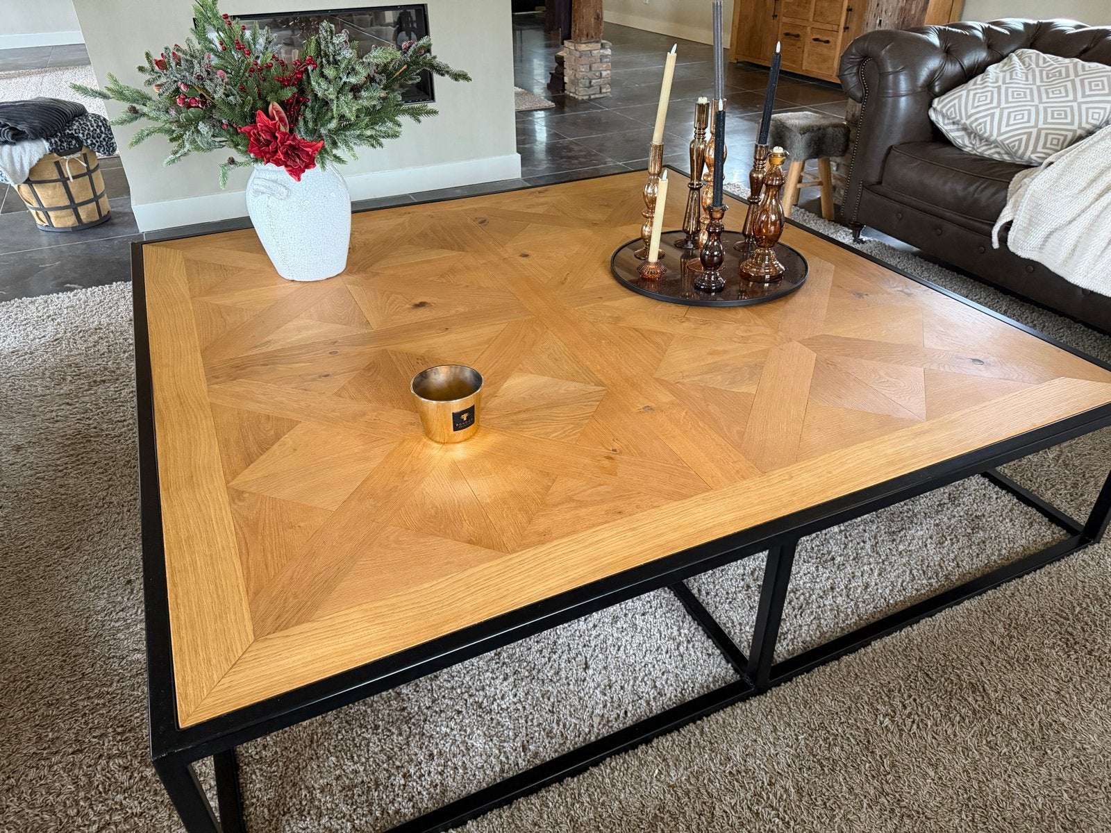 Unieke handgemaakte salontafel eiken met zwart staal, Ophalen, 150 tot 200 cm, Zo goed als nieuw, Minder dan 50 cm