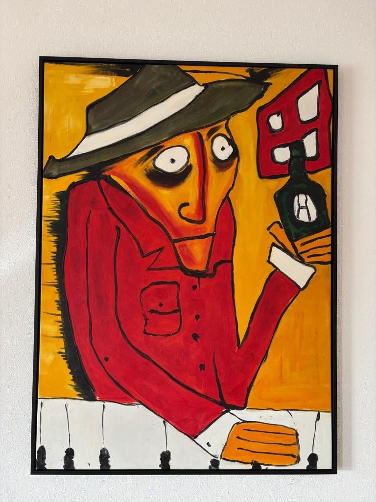 Schilderij man met fles, Ophalen of Verzenden
